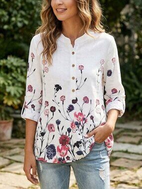 Misslook Floral Linen Blouse M White Pink Boho Button Front  NWOT